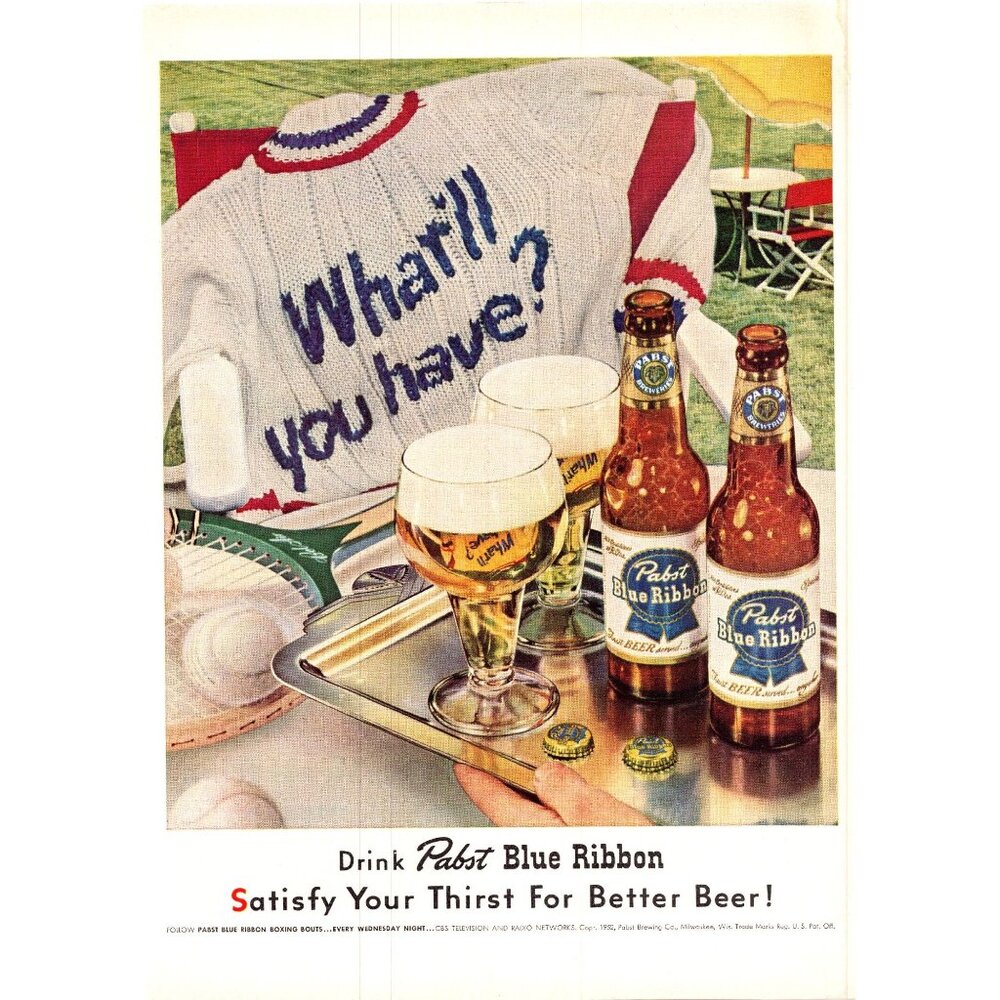 1952 Pabst Blue Ribbon Beer PBR Vintage Print Ad Varsity Sweater Tennis Wall Art